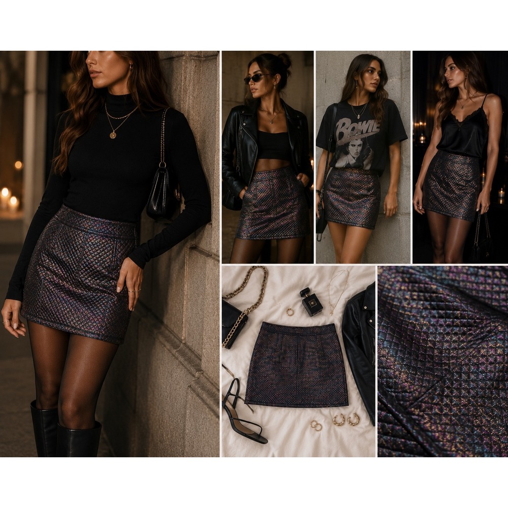 Marc by Marc Jacobs Quilted Mini Skirt Size‎ 2 Beetle Multi Metallic Glam Luxe